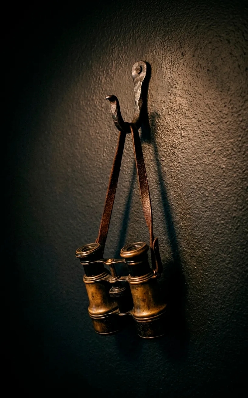 Vintage binoculars hanging on a sturdy black wrought iron hook against a dark, sophisticated charcoal wall.