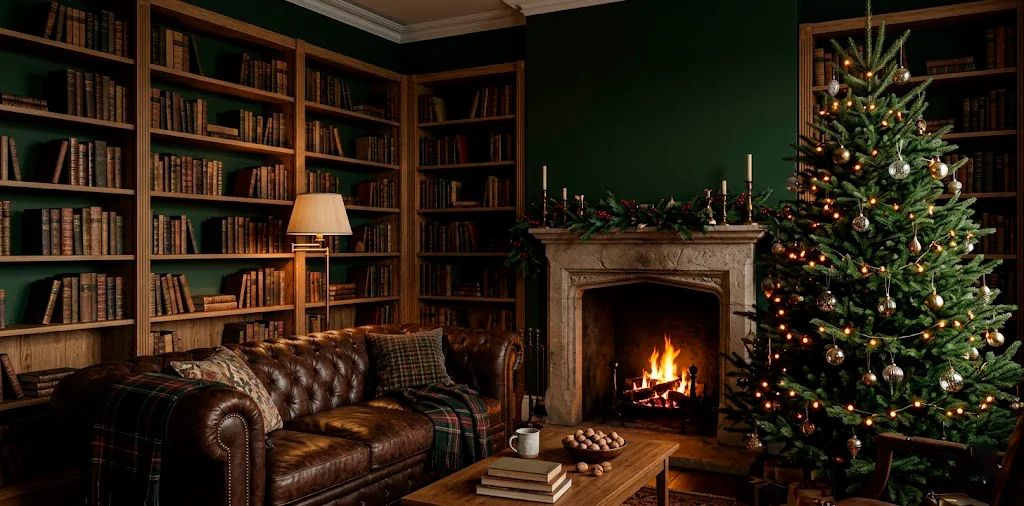 Cozy dark academia living room featuring a vintage Christmas tree, leather sofa, and glowing fireplace