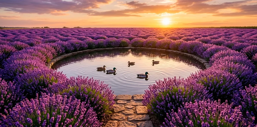 Wide landscape of a picturesque duck pond surrounded by blooming lavender at sunset.