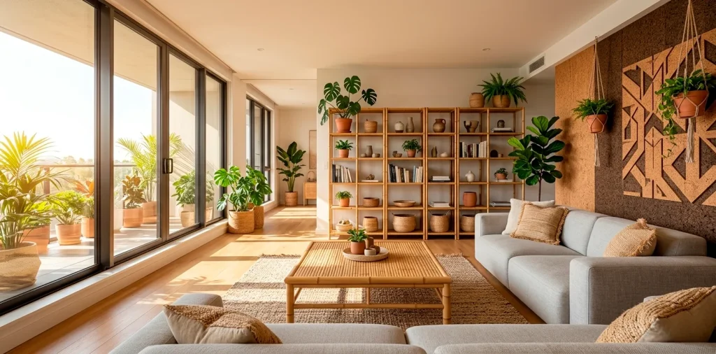 A bright, wide horizontal photo of a perfectly styled small apartment interior showcasing modern cork and bamboo decor accents.