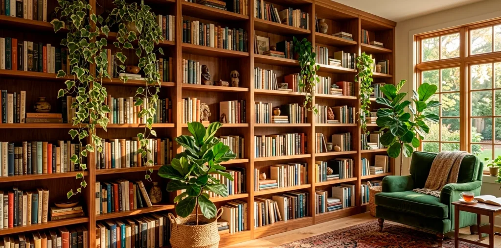 Sunlit home library with floor-to-ceiling bookshelves and lush botanical decor for a natural aesthetic.