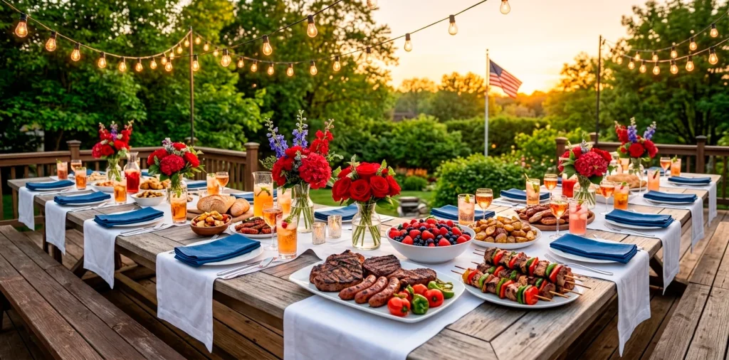 Luxurious outdoor Memorial Day dining table setup with patriotic decor and gourmet food at sunset.