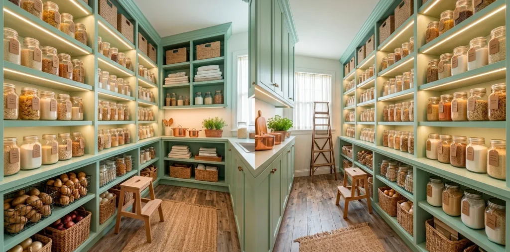 Beautifully organized small pantry featuring soft mint green painted shelves and neatly arranged clear glass storage jars.