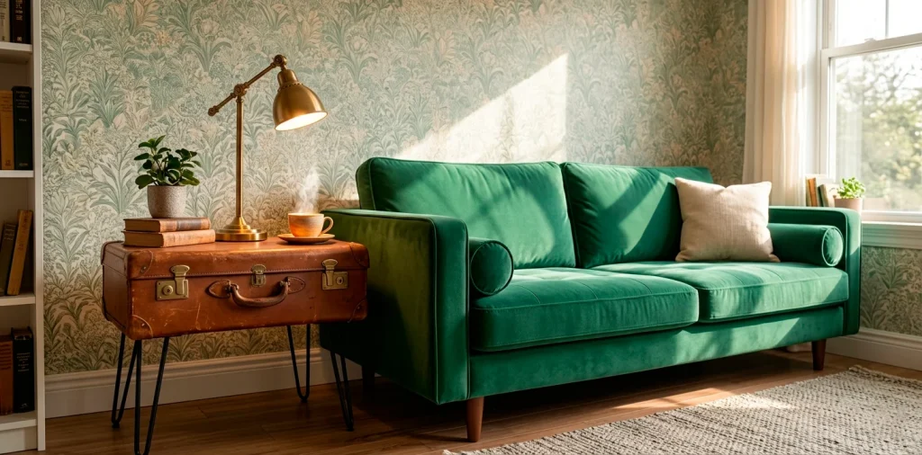 Cozy living room featuring a vintage leather suitcase side table next to an emerald velvet sofa.