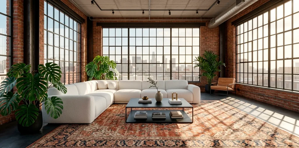 Modern industrial loft living room balancing cold black metal grid windows and a steel coffee table with a plush white boucle sofa and warm vintage rug