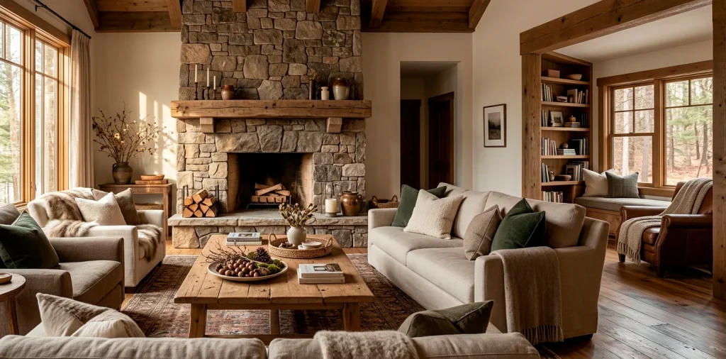 Rustic living room interior featuring natural twig and acorn crafts styling a wooden coffee table in cozy warm light.