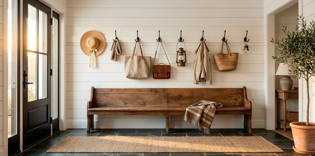Wide 2:1 view of classic wrought iron hooks on a shiplap wall in a sunlit farmhouse entryway with oak furniture.