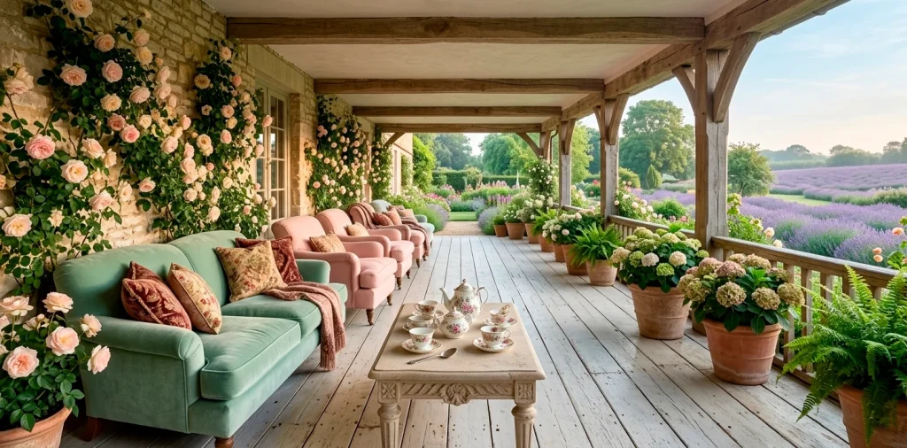 Panoramic English garden back porch with soft pastel decor and climbing roses in morning light.