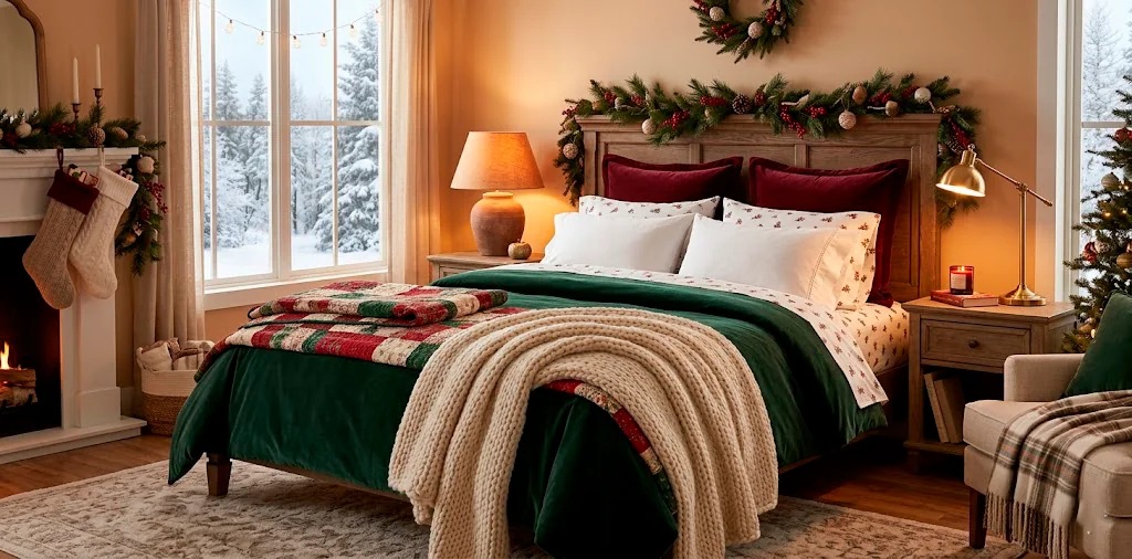 Luxurious layered holiday bedding featuring a green velvet duvet, burgundy pillows, and chunky knit throw in a cozy winter bedroom.