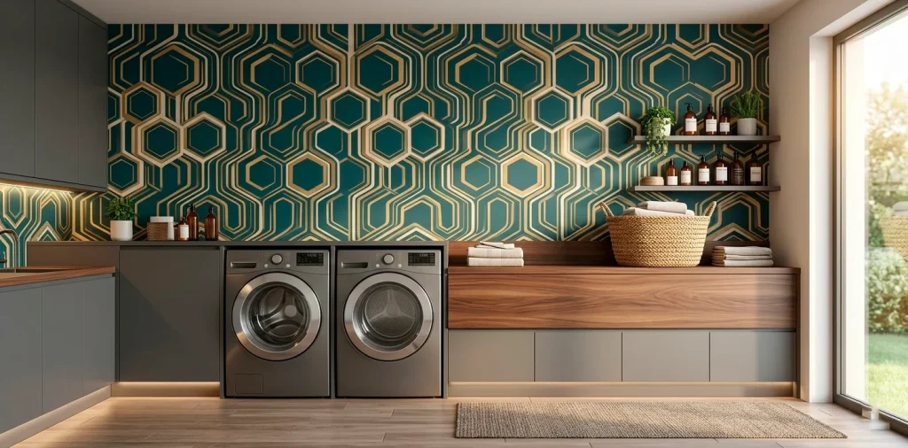 Beautiful modern laundry room featuring moisture-resistant geometric wallpaper and a wooden folding counter.