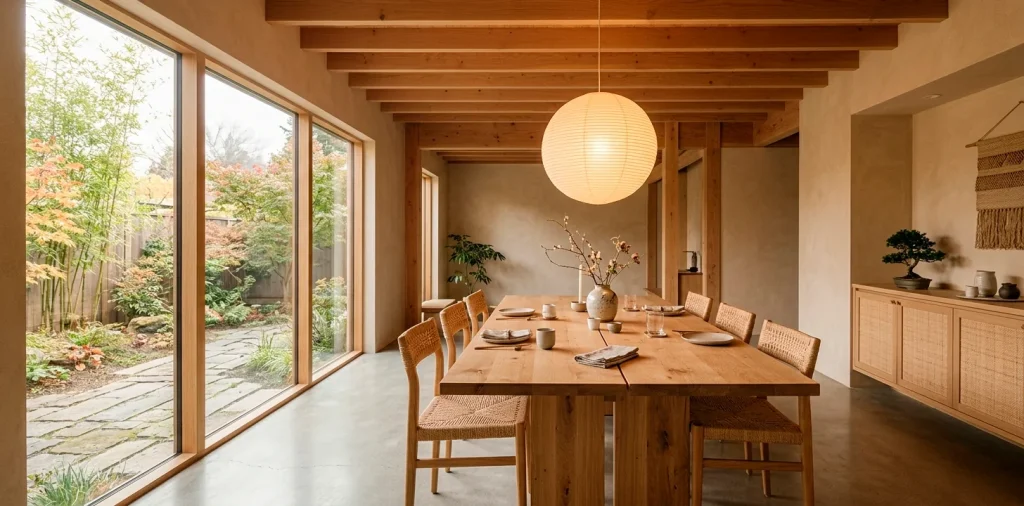 Beautifully lit Japandi dining room featuring a raw oak table, low profile chairs, and a warm glowing paper pendant light.