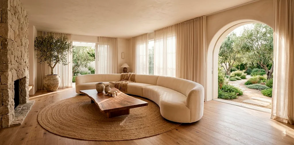 Wide horizontal view of a modern living room with curved furniture and organic 2025 decor trends.