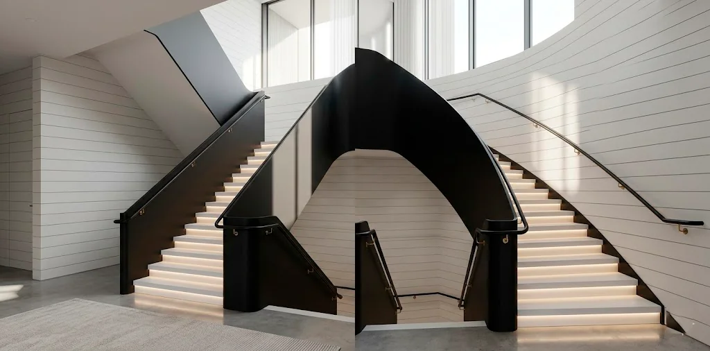 Wide view of a modern minimalist monochrome staircase featuring sleek black handrails, textured grey walls, and LED step lights.