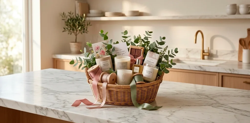 Luxurious Mother's Day gift basket styled on a marble kitchen island
