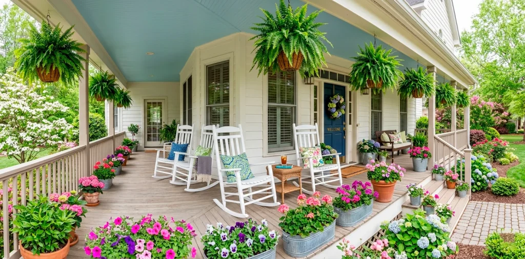Beautifully styled Southern spring front porch with crisp white rocking chairs, lush green ferns, and bright blue ceiling.