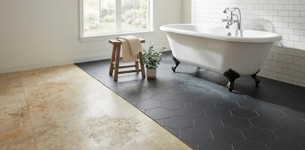 Modern bathroom floor renovation showing peel and stick tile transformation with charcoal hex tiles.