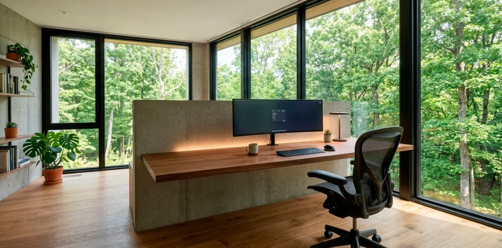 A beautifully organized modern home office with a wireless setup, floating desk, and curved monitor in natural light.