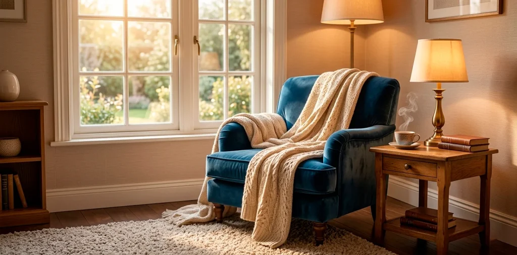 Cozy guest bedroom nook with a velvet armchair, warm layered throws, and beautiful ambient lighting.