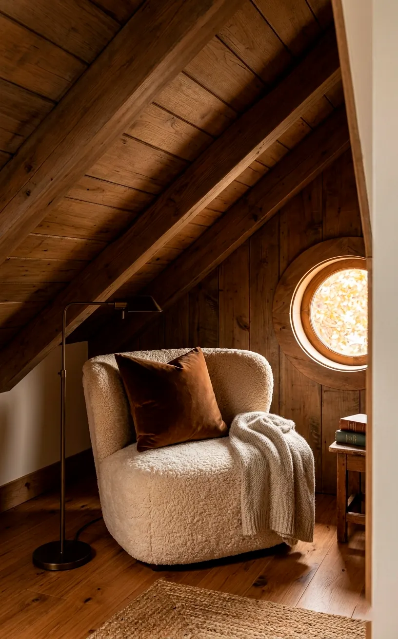 Cozy reading nook with a cream shearling accent chair under a low attic slope.