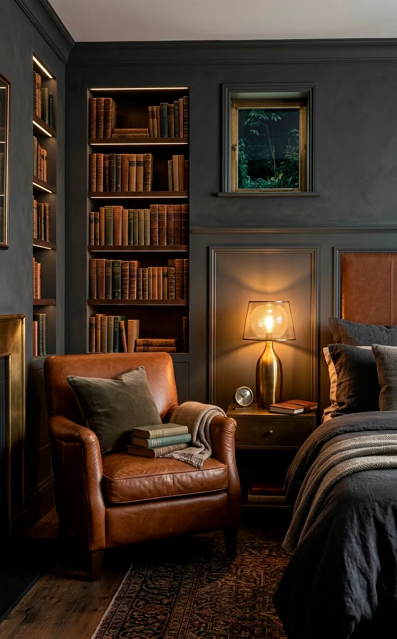A moody guest bedroom with dark charcoal grey walls, rich cognac leather chair, and warm lighting.