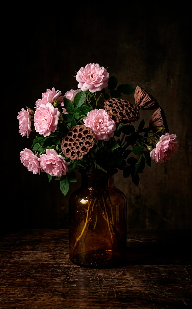 Vintage style arrangement with wild roses and dried seed pods in an amber glass vase.