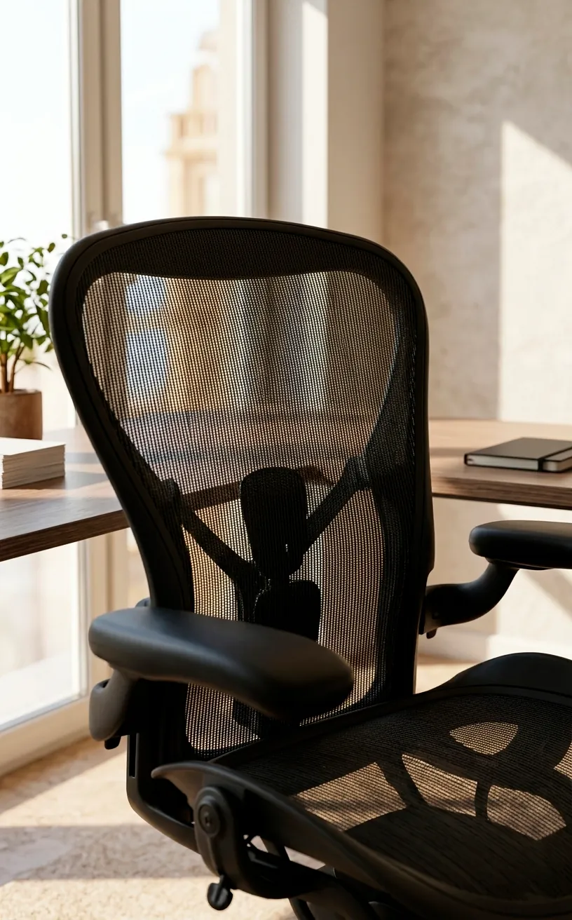 Close-up of a black mesh ergonomic chair backrest, emphasizing its breathable summer design.