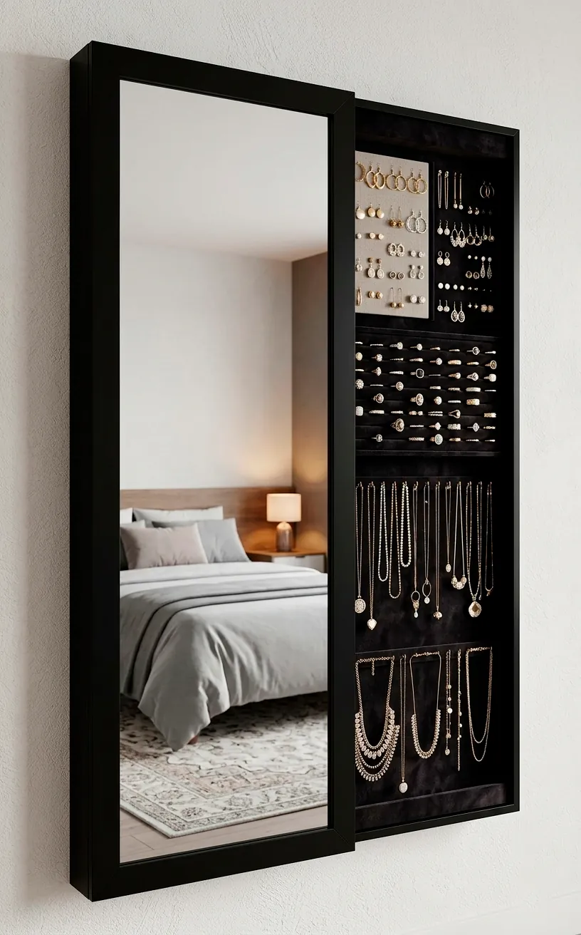 Wall-mounted mirrored jewelry armoire open to show organized jewelry inside.
