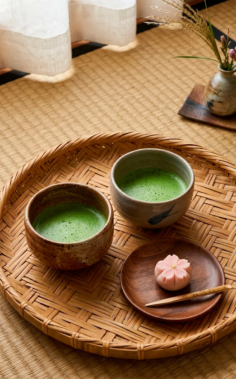 Matcha tea and wagashi sweets served on a bamboo tray in a Japandi style.