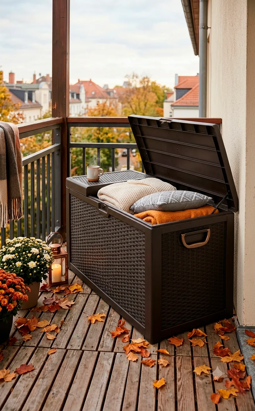 Waterproof resin deck box storing neatly folded outdoor pillows and blankets.