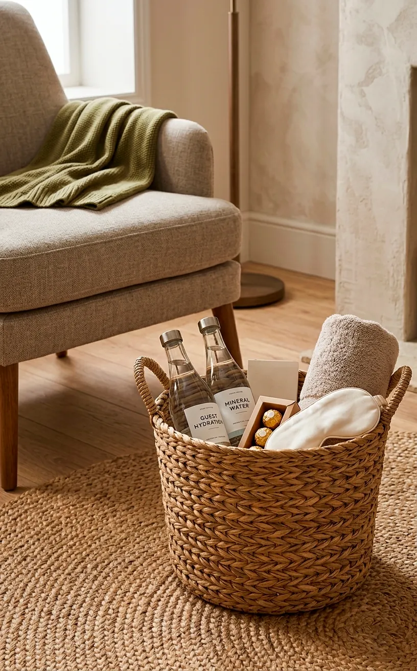 Woven seagrass basket filled with guest room essentials next to a chair.
