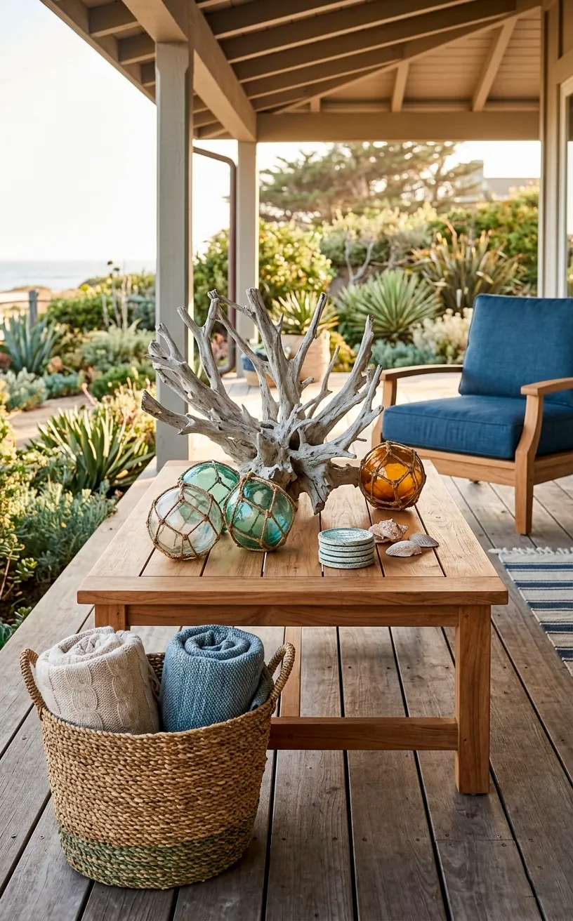 A porch coffee table decorated with driftwood, glass floats, and a woven basket.