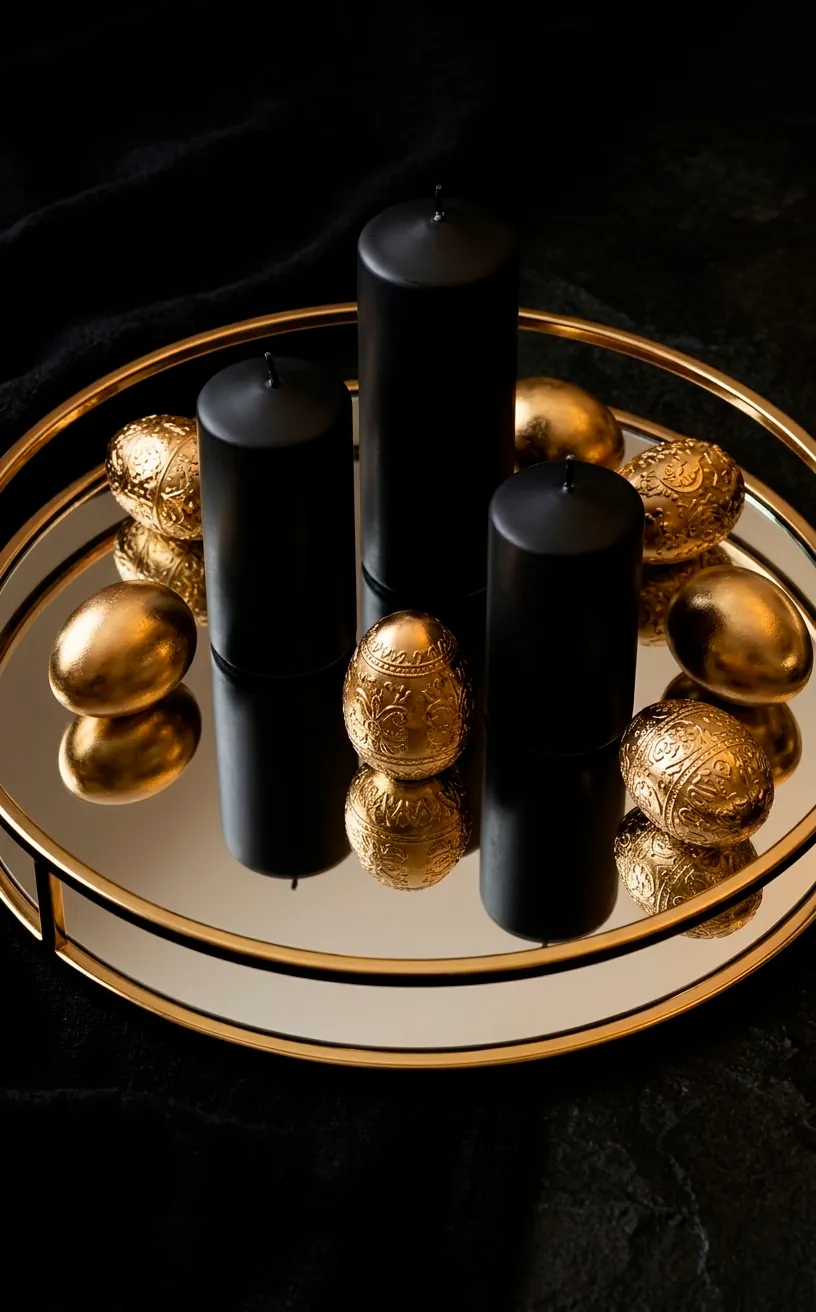 Gold mirrored tray with black and gold decor.