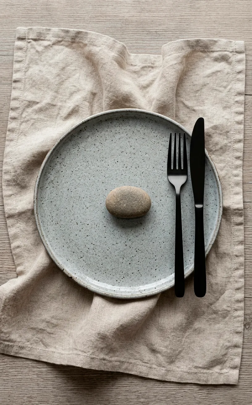 Minimalist table setting with stoneware plate, linen napkin, and matte black cutlery.
