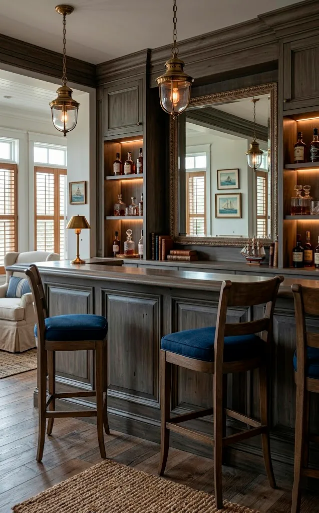 A formal home bar in coastal tavern style with deep gray wood and navy blue stools.