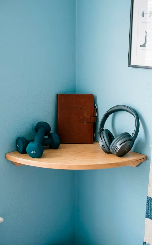 Curved corner floating wood shelf holding hand weights and a journal in a home gym.