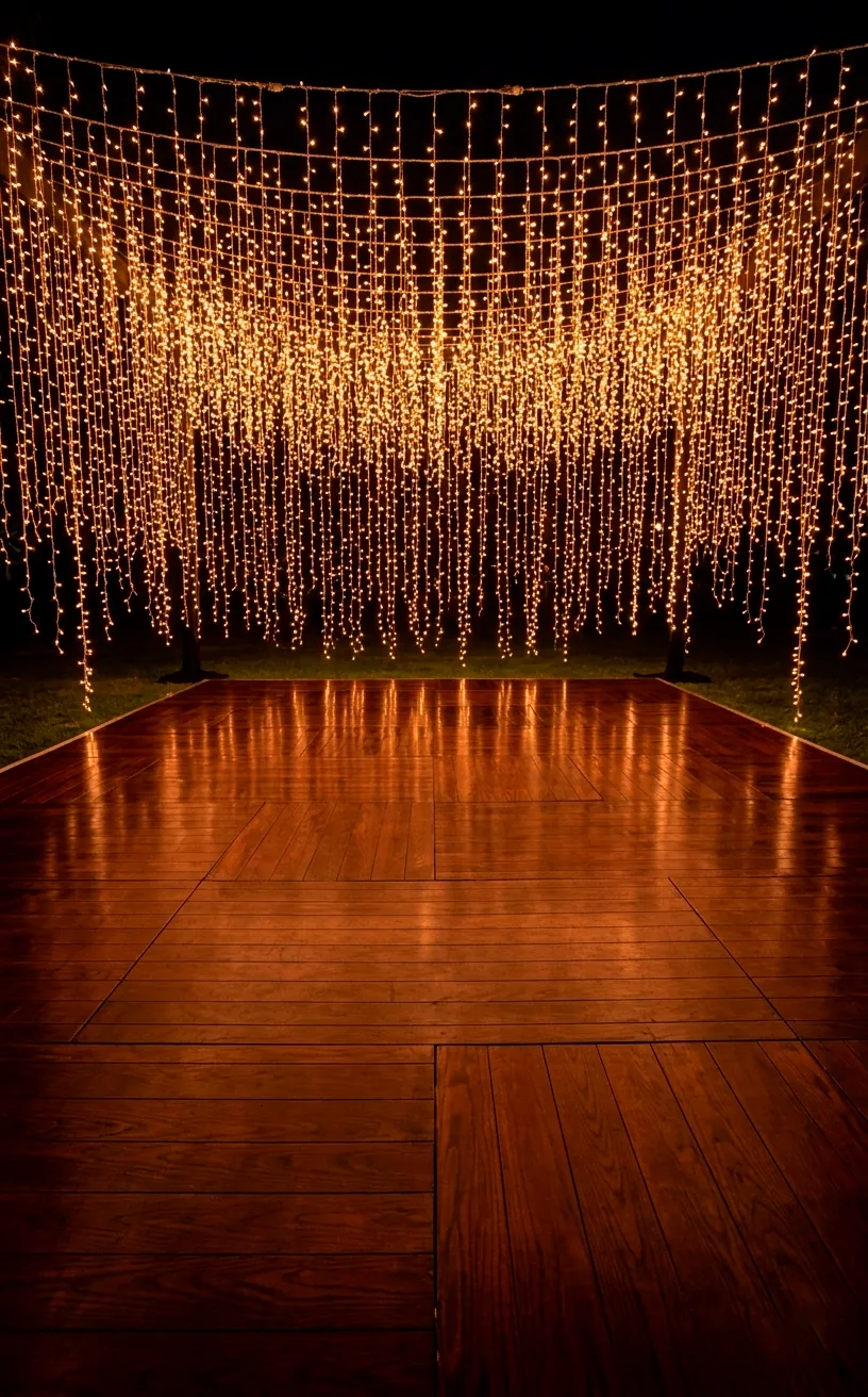 A polished dark wood interlocking outdoor dance floor under a canopy of glowing fairy lights.