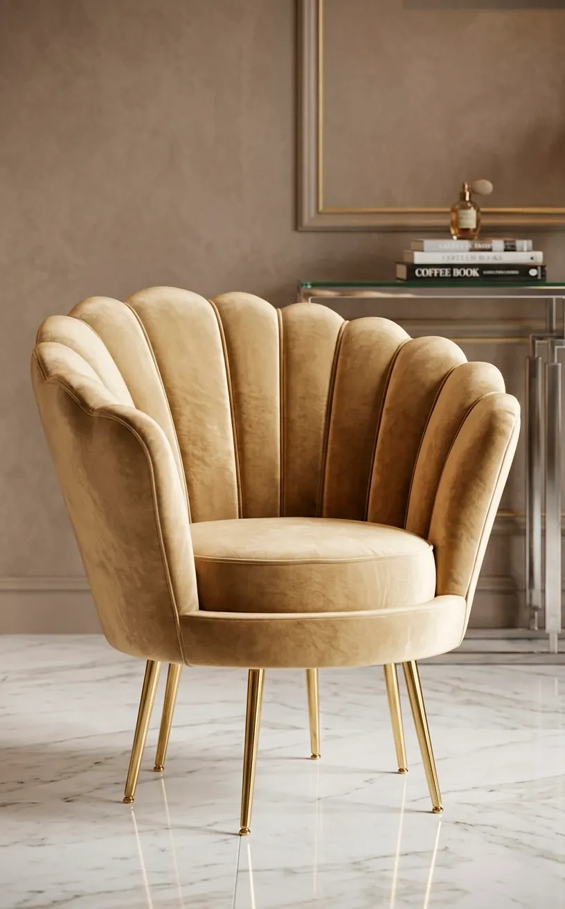 Champagne gold velvet shell chair with brass legs on marble flooring.