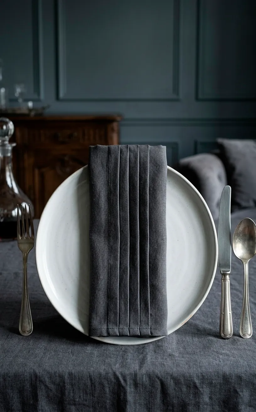 Charcoal grey French pleat napkin fold on a white plate with vintage silver cutlery.