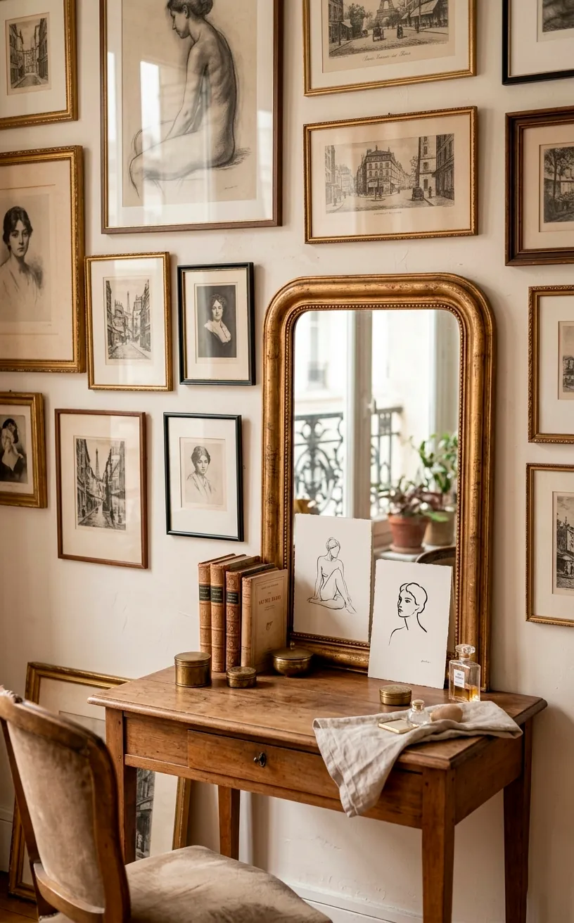 Minimalist black and white figurative sketch prints leaning beautifully against a bedroom wall mirror.