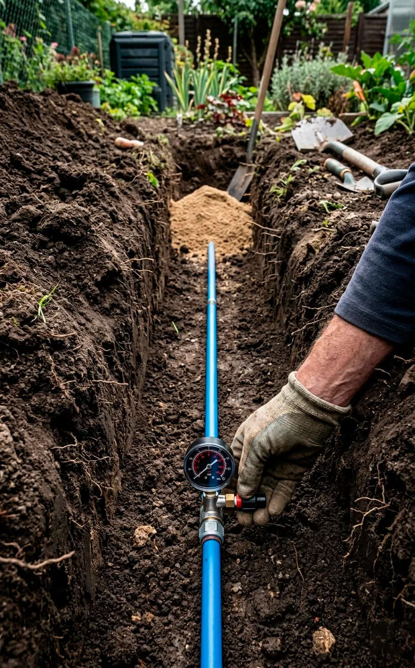 Testing outdoor plumbing lines with a pressure gauge in a garden trench.