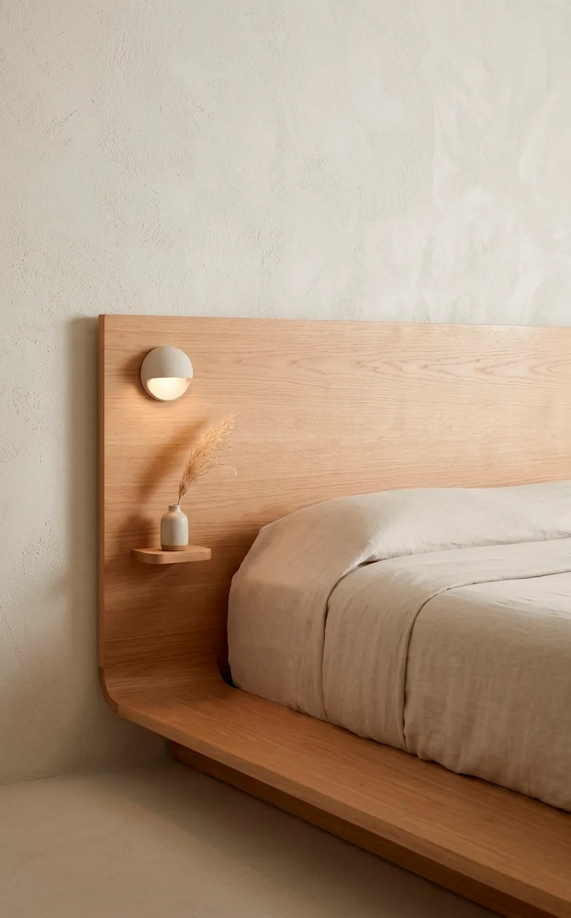 Minimalist wooden headboard bolted securely to a handmade platform bed frame.