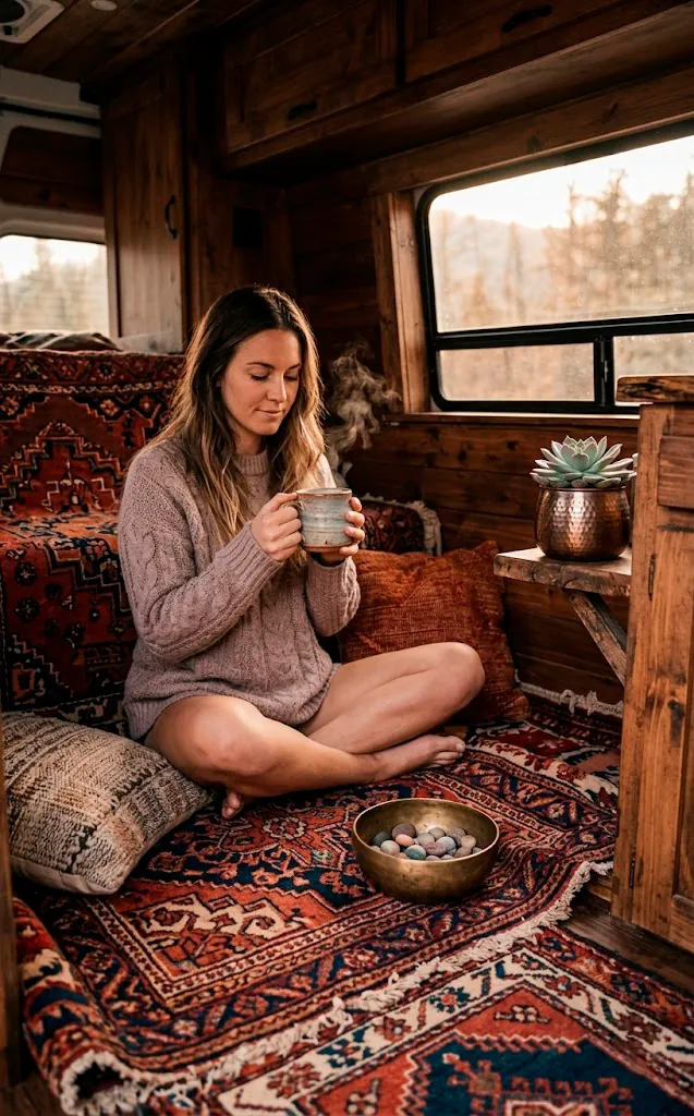 Person sitting on layered rugs in a van with floor cushions and boho decor.