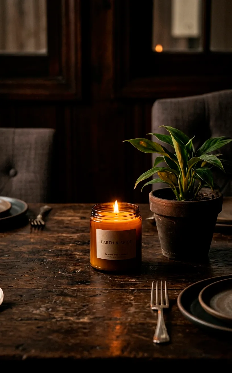 Lit soy candle in an amber glass jar on a dark wood table beside a small tropical plant.