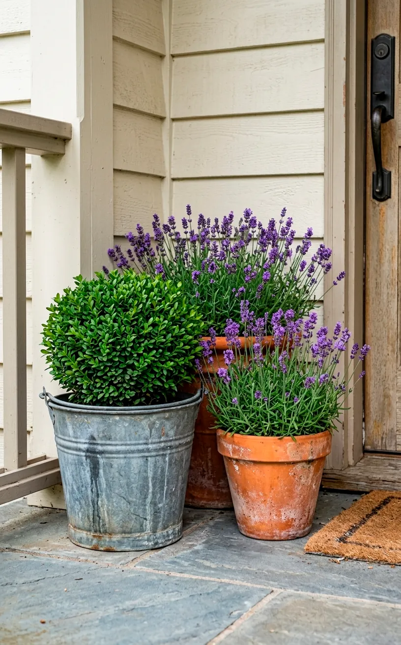 Weathered zinc and aged terracotta planters holding lavender and a boxwood topiary on a porch.