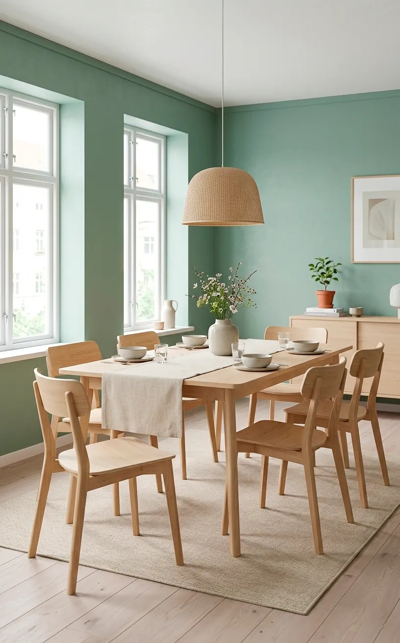 Spruce green dining room with a beautiful Scandinavian birch wood table and a neutral linen runner.