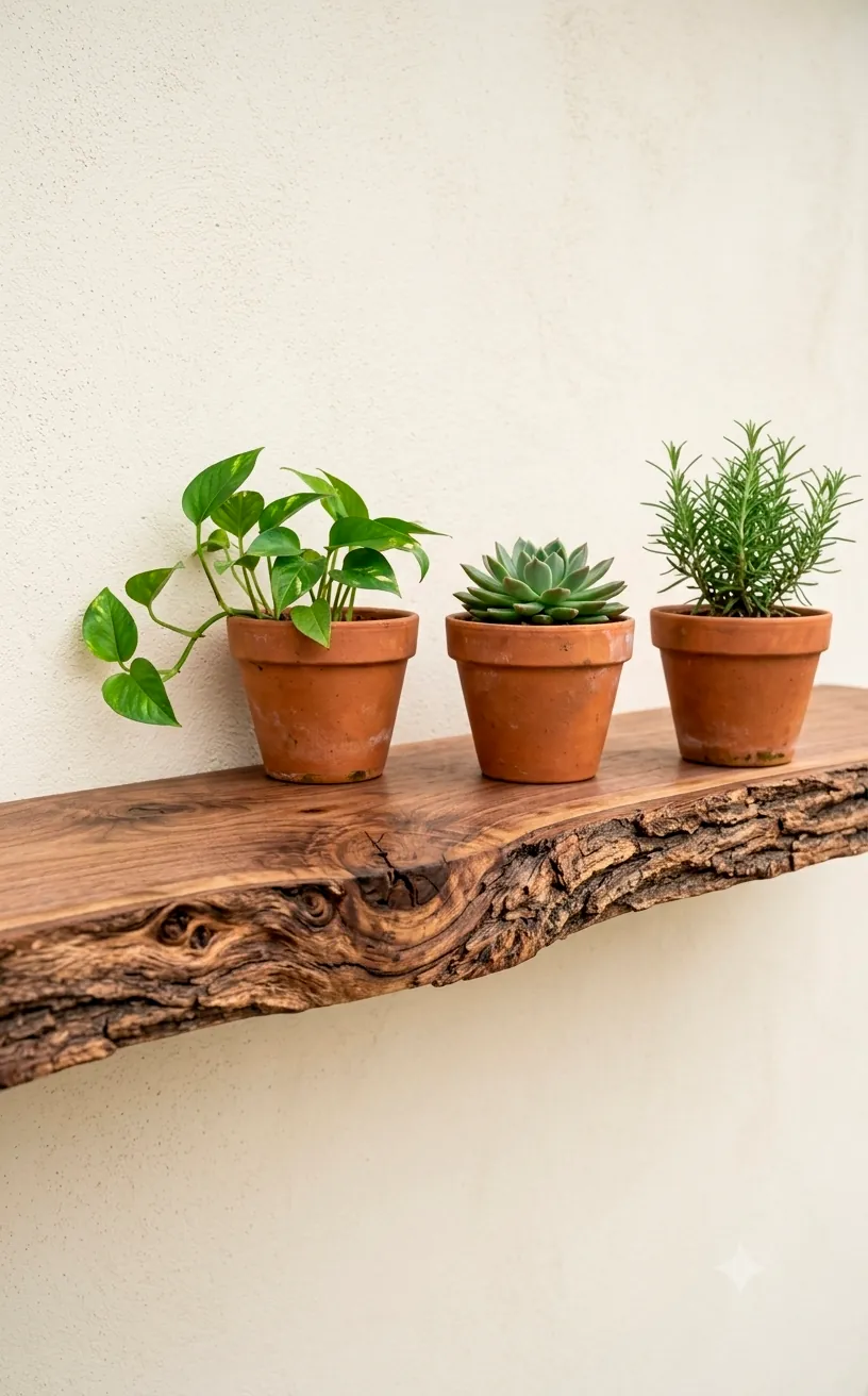 Beautiful live edge wood floating shelf displaying terracotta pots on a rustic small front porch wall.
