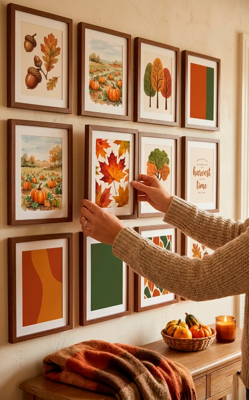 Person swapping art in a gallery wall frame for seasonal autumn decor.