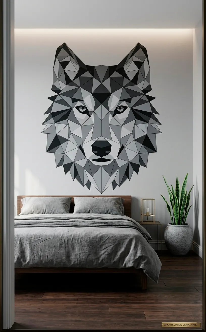 Large geometric wolf mural made of triangles on a kids bedroom wall.