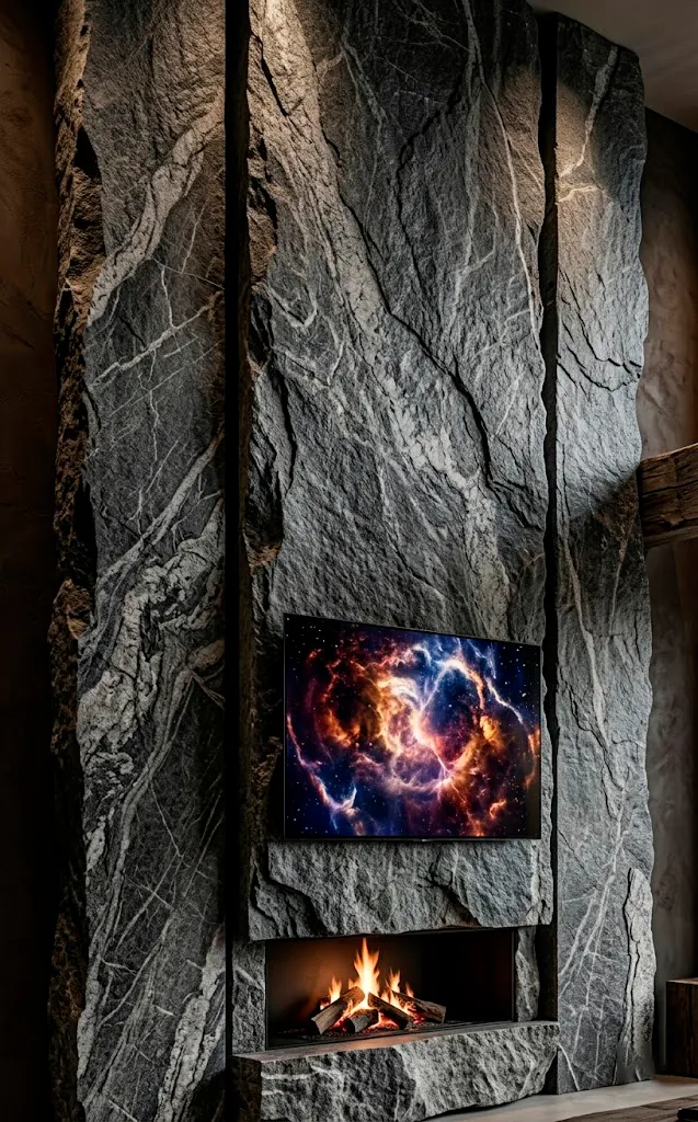 Large raw granite slab fireplace wall with a mounted high-tech TV.