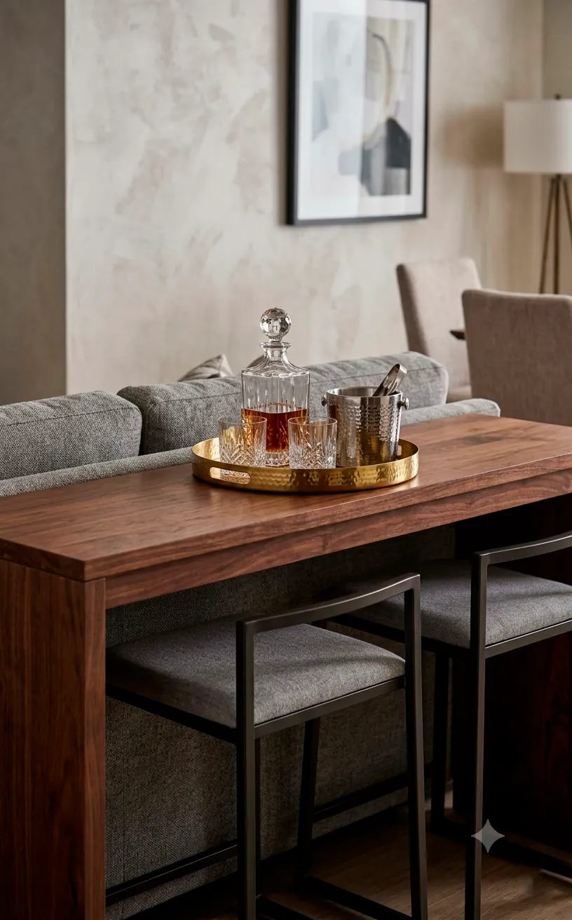 Counter-height console table behind a sofa styled as a casual bar area